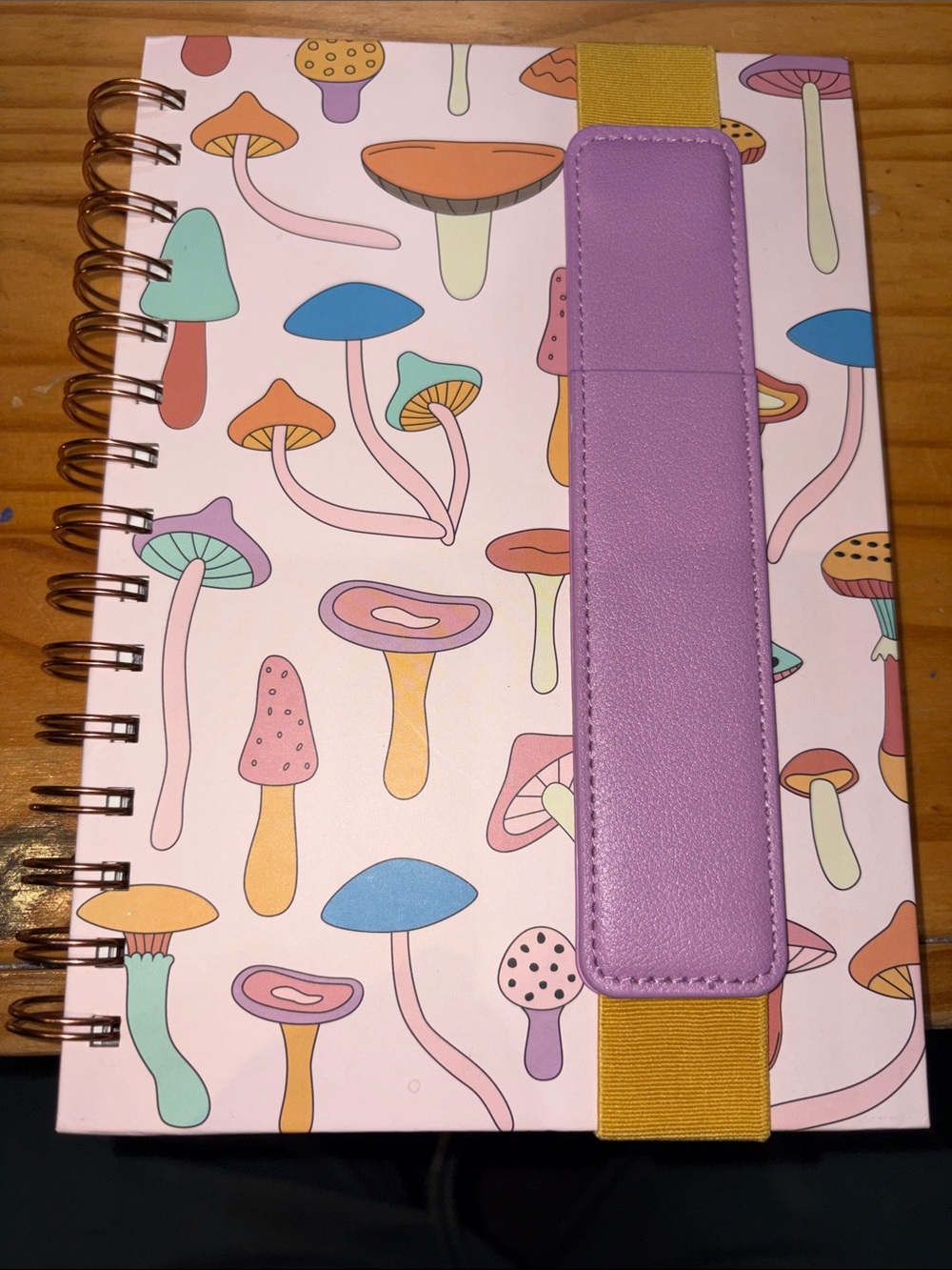 Trendy Mushroom Print Notebook with Purple Elastic Pen Holder🔥